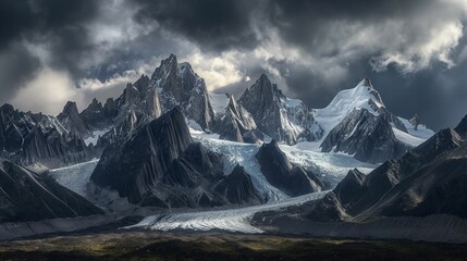 Ethereal landscape of towering mountains with snow caps enshrouded by dark, moody clouds..