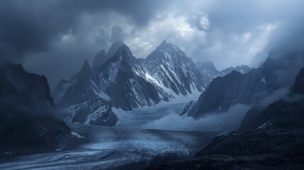 Ethereal landscape of towering mountains with snow caps enshrouded by dark, moody clouds.. - Powered by Adobe