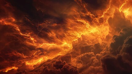 Dramatic and intense sky with fiery clouds resembling molten lava, evoking an apocalyptic atmosphere.