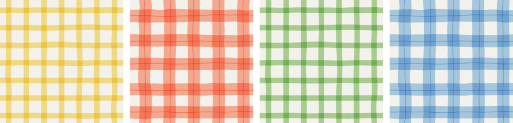 Colorful geometric plaid seamless pattern set. Traditional square gingham background collection. Checked wallpaper print, checker mosaic grid tartan texture bundle.