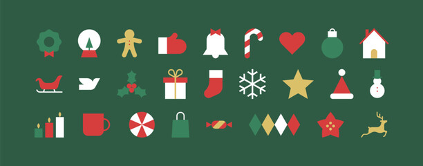 Modern geometric christmas icon illustration set. Geometric xmas holiday clip art element collection. Contemporary scandinavian style graphic. Santa hat, gift box, deer, ornament bauble bundle.