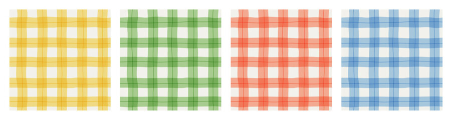 Fototapeta premium Colorful geometric plaid seamless pattern set. Traditional square gingham background collection. Checked wallpaper print, checker mosaic grid tartan texture bundle.