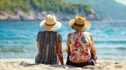 Senior women in straw hats sitting on beach, rear view, summer travel outdoor concept