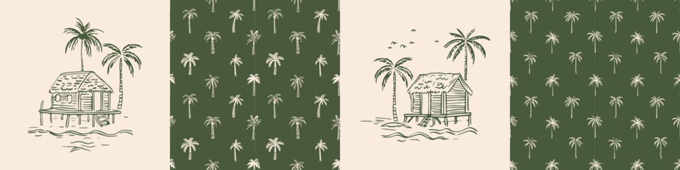 Hand drawn palm tree seamless pattern illustration set. Hawaiian print collection, summer vacation background in vintage art style. Tropical plant painting wallpaper texture. - obrazy, fototapety, plakaty