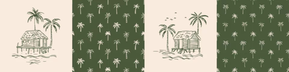 Gardinen Hand drawn palm tree seamless pattern illustration set. Hawaiian print collection, summer vacation background in vintage art style. Tropical plant painting wallpaper texture. © Dedraw Studio