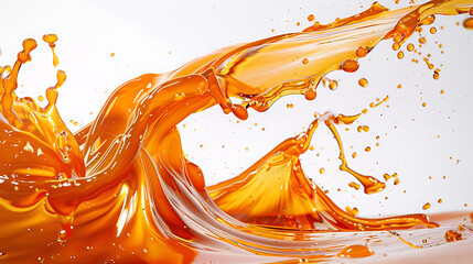 a dynamic splash of a viscous, orange liquid against a pristine white background. The liquid appears thick and glossy - obrazy, fototapety, plakaty