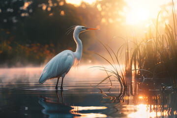 A white heron wades through the water at sunrise in a lake looking for food with space for text
 - obrazy, fototapety, plakaty