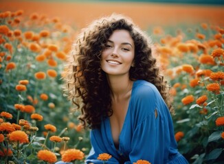 Naklejka premium Girl in a dress sits in a meadow among flowers 