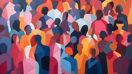 A painting of a diverse crowd of people. Diversity, equity, inclusion and belonging. DEI. Faceless crowd. Lost in the crowd. Abstract shapes