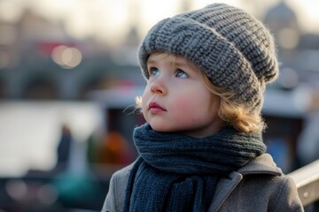 Portrait of a cute little boy in winter hat and scarf outdoors