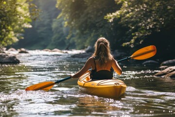 Woman kayaking in serene river, summer outdoor adventure, scenic landscape view, rear perspective