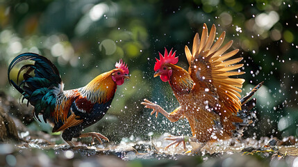 Two roosters are playing in a pond, splashing water on each other. Generated by AI - obrazy, fototapety, plakaty