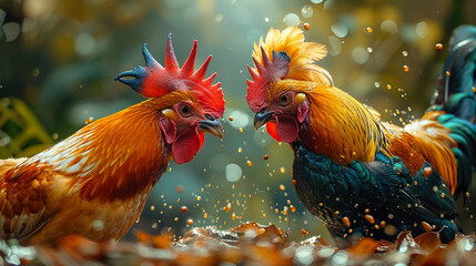 Vivid Combat: Colorful Duel of Fighting Cocks. Generated by AI - obrazy, fototapety, plakaty