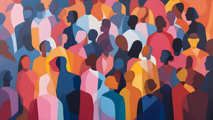 A painting of a diverse crowd of people. Diversity, equity, inclusion and belonging. DEI. Faceless crowd. Lost in the crowd. Abstract shapes