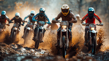 A group of dirt bike riders are racing through a muddy field. Generated by AI