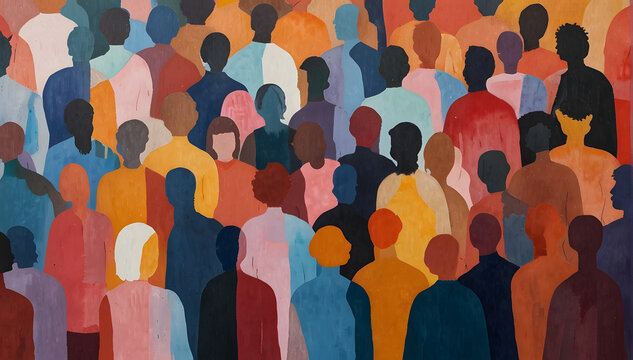 A painting of a diverse crowd of people. Diversity, equity, inclusion and belonging. DEI. Faceless crowd. Lost in the crowd. Abstract shapes