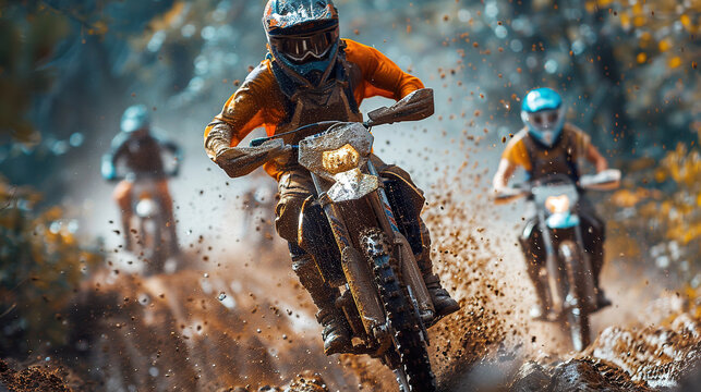 A man on a dirt bike is riding through a muddy trail. Generated by AI