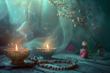 A tranquil photograph depicting spiritual attributes such as candles, incense, and prayer beads, evoking a sense of serenity and introspection in a dreamy style. - obrazy, fototapety, plakaty