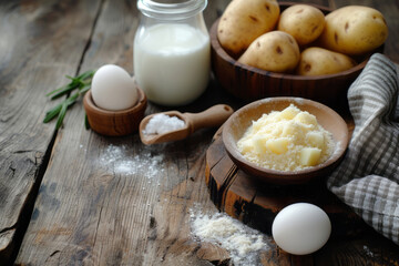 Raw potatoes and milk for cooking. Home activities. Rustic background with ingredients, eggs,...