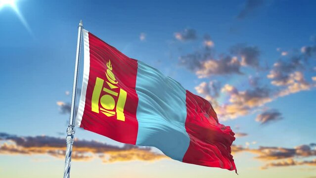Mongolia flag Waving Realistic With Sky