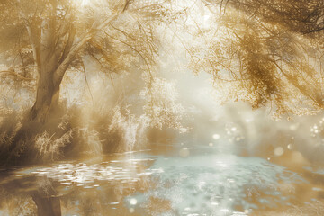 A serene photograph of a tranquil natural setting, with elements like trees, water, and sunlight evoking a sense of spiritual connection and harmony, portrayed in a dreamy style.