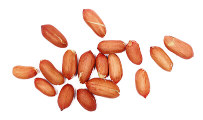 Pile peanuts peeled and roasted with red husk isolated on white background