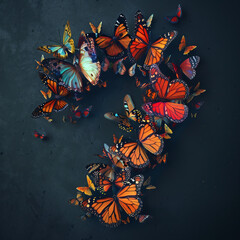 Number 7 made of butterflies on textured background. 3D rendering