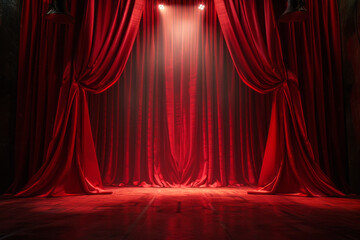 red dramatic theater curtains in center with space for product or text
