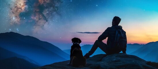 Adventurous man and golden retriever enjoying starry night sky on mountain cliff