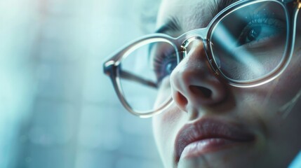 Close-Up of a Woman Wearing Glasses with Reflective Blue Light - obrazy, fototapety, plakaty