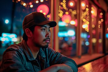 Portrait of a young Asian man in a cap and jeans jacket sitting in the street at night