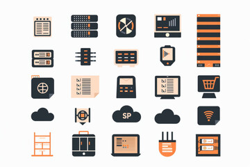 Web hosting icon set. Containing cloud computing, server, domain, firewall, internet, FTP, database, SSL, data hosting and more. Solid vector icons collection vector icon, white background, black colo