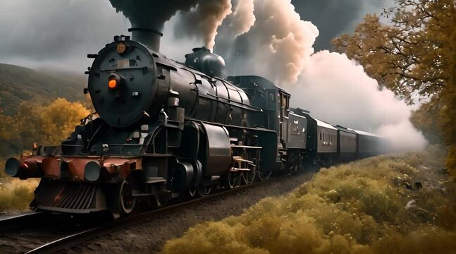 Retro locomotive with steam engine footage.