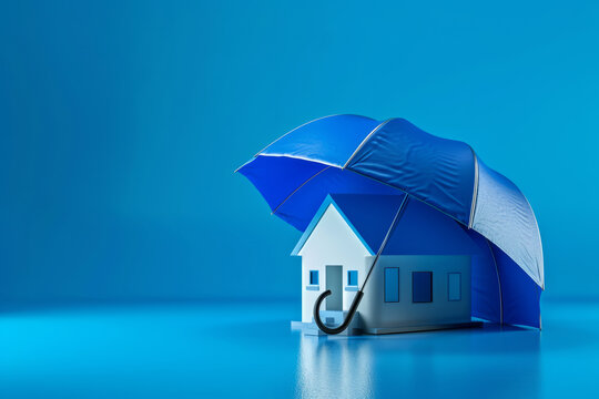 Home insurance or tenants mortgage protection concept, model house under umbrella on blue empty background with space for text or inscriptions
