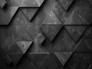 Abstract triangular mosaic tiles in dark black and anthracite gray concrete. Geometric fluted triangles create a textured wallpaper backdrop.