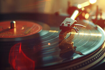 Retro vinyl record player. vintage nostalgia concept close up, selective focus
 - Powered by Adobe