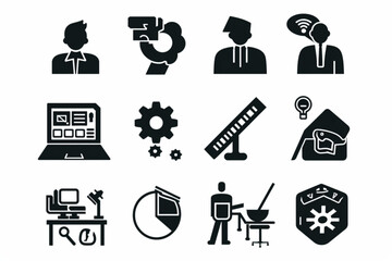 Workshop icon set. Containing team building, collaboration, teamwork, coaching, problem-solving and education icons. Solid icon collection. vector icon, white background, black colour icon