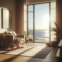 On a sunny day, an apartment with an ocean view exudes romance. A large window and a comfy armchair on a rug to the left create a peaceful setting.