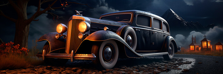 Halloween Banner. Old-fashioned car on creepy night road with mountains and town in background. scary road adventure.