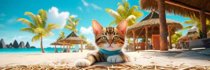 Summer banner with cat on the beach. Cute Ginger kitten lies on sea coast on tropical island. Vacation and travel with a pet.