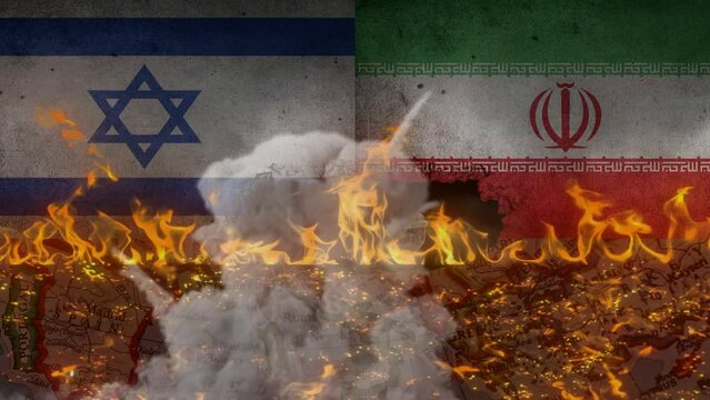 4K Israel vs Iran War, Dispute between Israel and Iran. Tensions between Israel and Iran. Israeli and Iranian flag facing each war conflict HD video