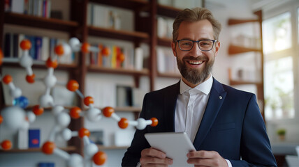 Smiling businessman holding digital tablet and artificial molecule DNA  in office, business startup technology Genetic Engineering concept  - obrazy, fototapety, plakaty