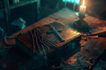 Rosary with a cross lying on the Bible beautifully religious background close up with space for text or inscriptions, religion and faith theme