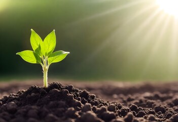 Young green plant sprouting from soil with sunlight rays in the background - obrazy, fototapety, plakaty