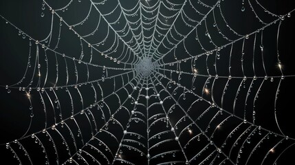 Dewdrops Glistening on Intricate Spiderweb Against Dark Background