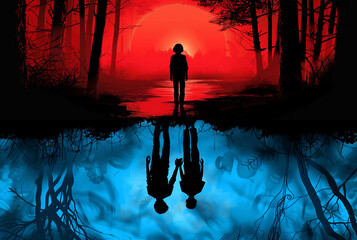 Children Searching for a Girl in an Alternate Dimension Upside Down Split Image Fantasy Art