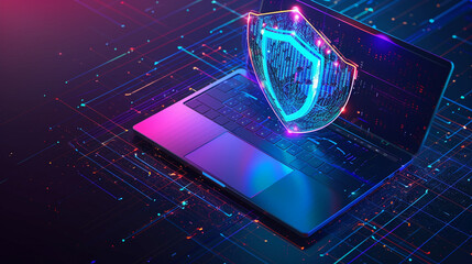 Laptop Computer Protection: Shield, Antivirus, Cybersecurity Concept