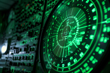 vivid green hues of a military radar screen up close, symbolizing the vigilance and readiness of defense systems, presented in a high-tech style. - obrazy, fototapety, plakaty