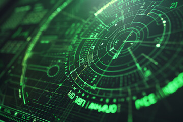sharp focus of a green military radar screen, emphasizing the accuracy and reliability of surveillance technology, depicted in a sleek tech style.