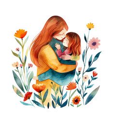 Warm Mother and Child Hugging in Spring Flower l Mom and her Kid Love Floral Design l Soft Color Lovely Mood Clipart Transparent Background l Cute Family Mum and Children for Summer Fall Autumn 